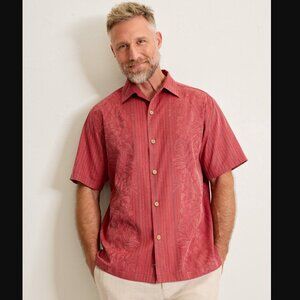 Tommy Bahama Mens Large Maui Border Silk Camp Shirt Deep Havanna Nantucket Red